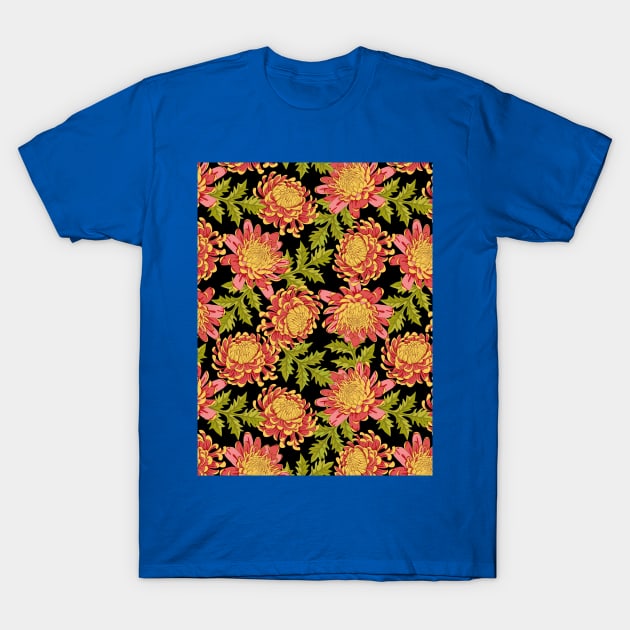 Red Chrysanthemum Floral Pattern T-Shirt by Designoholic